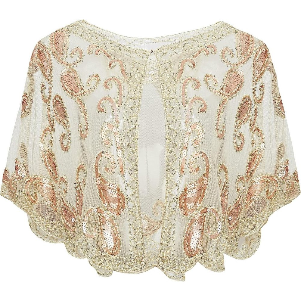 Girls Flapper Cover Up Shawl Wraps Sequin Beaded Evening Cape Bridal Shawl